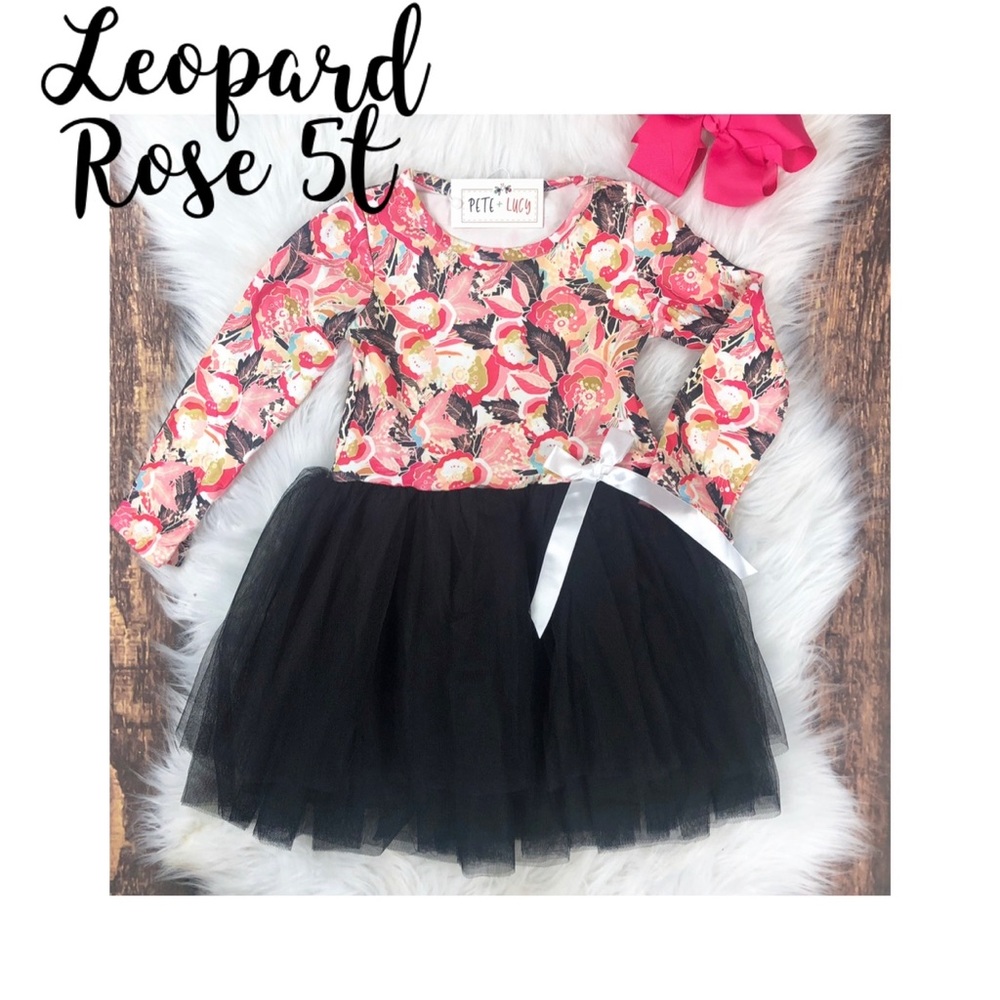 Red floral and black tutu girls 5T dress. Long sleeve, lined skirt, bow